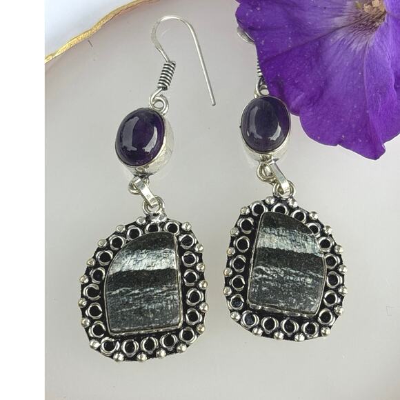 925 Sterling  Silver Line Jasper & Amethyst Dangle Earrings - Picture 2 of 6